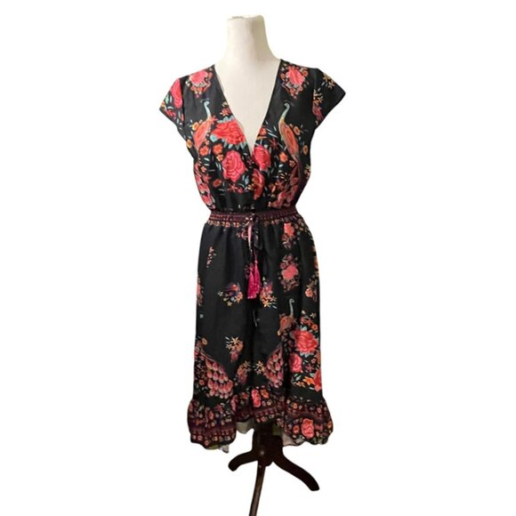 Peacock printed flowing black dress xl - Picture 1 of 5